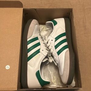 White and green adidas Sambas for sale